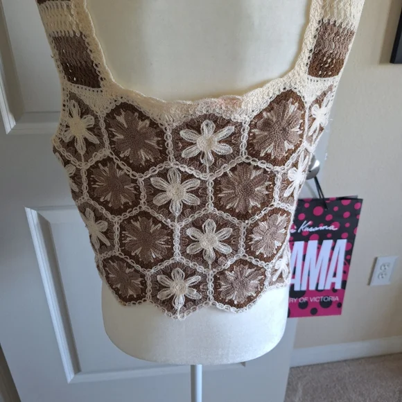 Rebellion Brown and Cream Cropped Tank Top Size L - Picture 3 of 6